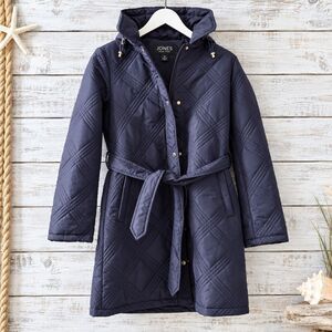 NWT Jones New York Navy Quilted Belted Coat M